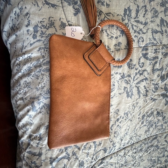 Tan leather Clutch with Braided Handle and Tassel - Picture 4 of 4